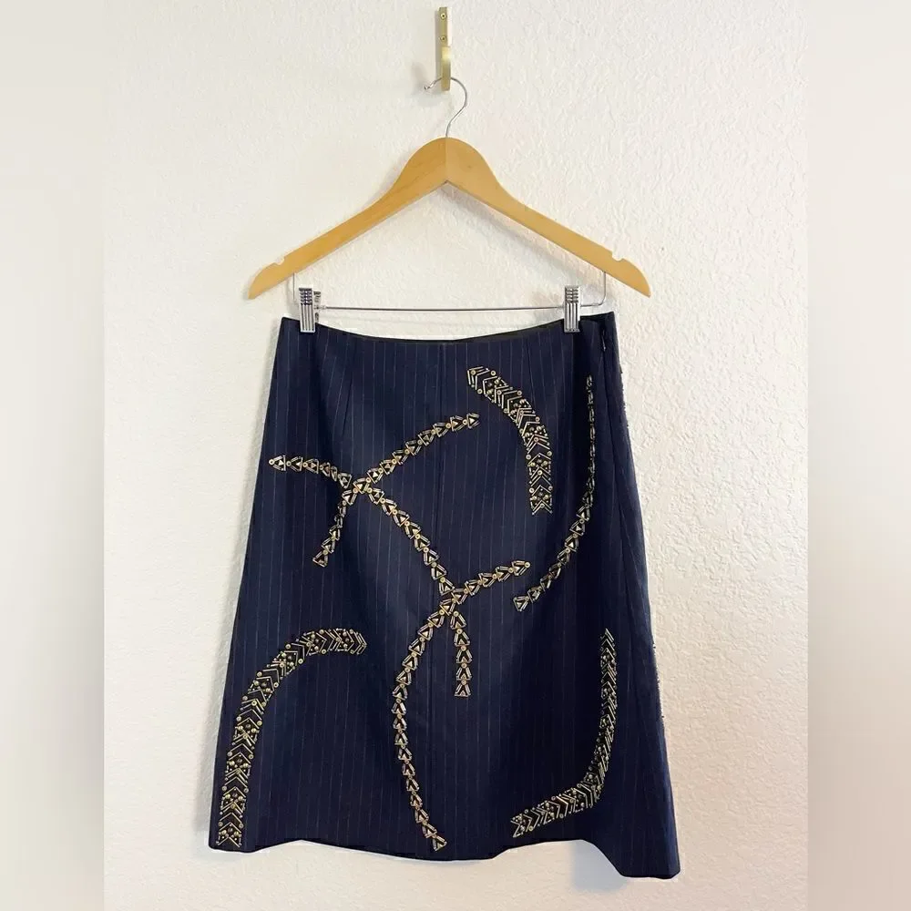 J Crew navy pin stripe pencil skirt with sequined detail.  Office Siren 6. NWT